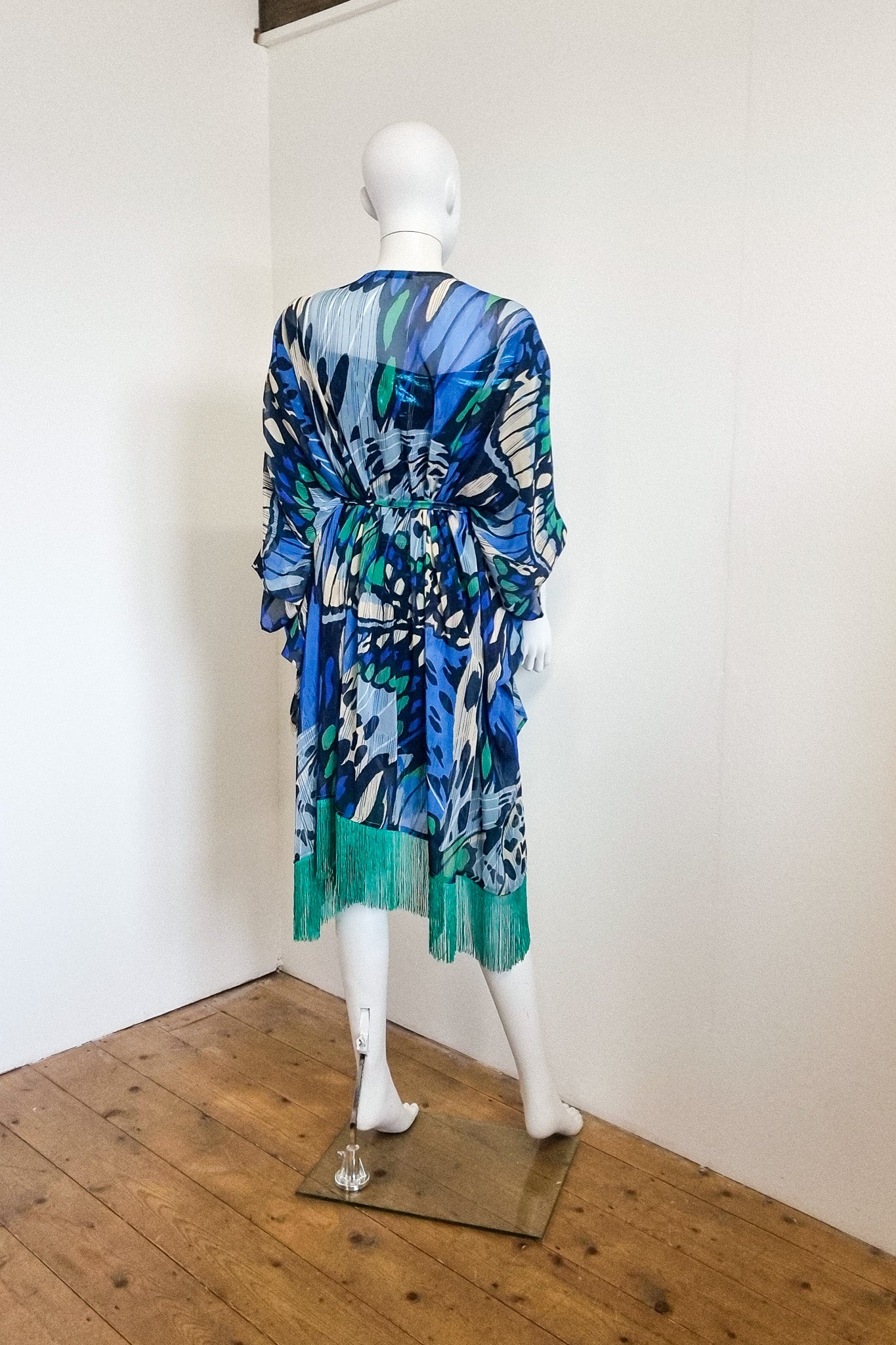 Naya Belted Kimono - Abstract Cobalt Butterfly & Jade Fringing