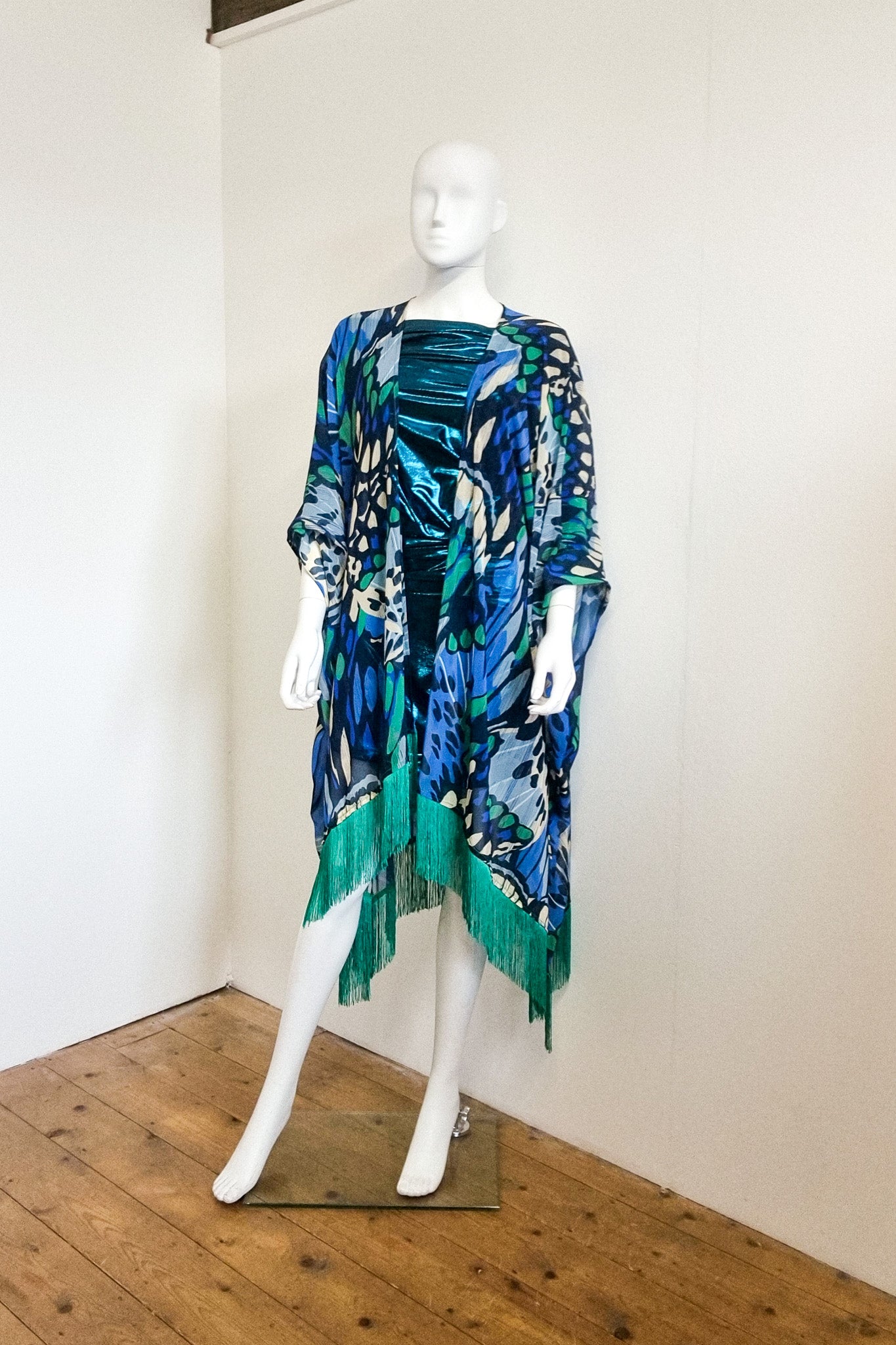 Naya Belted Kimono - Abstract Cobalt Butterfly & Jade Fringing