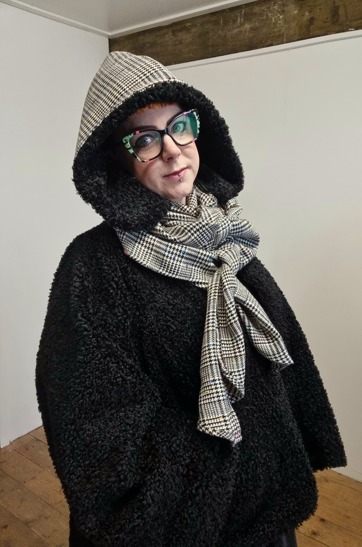 Popsy Hooded Scarf - Paint Speckled Check - LAST ONE AVAILABLE