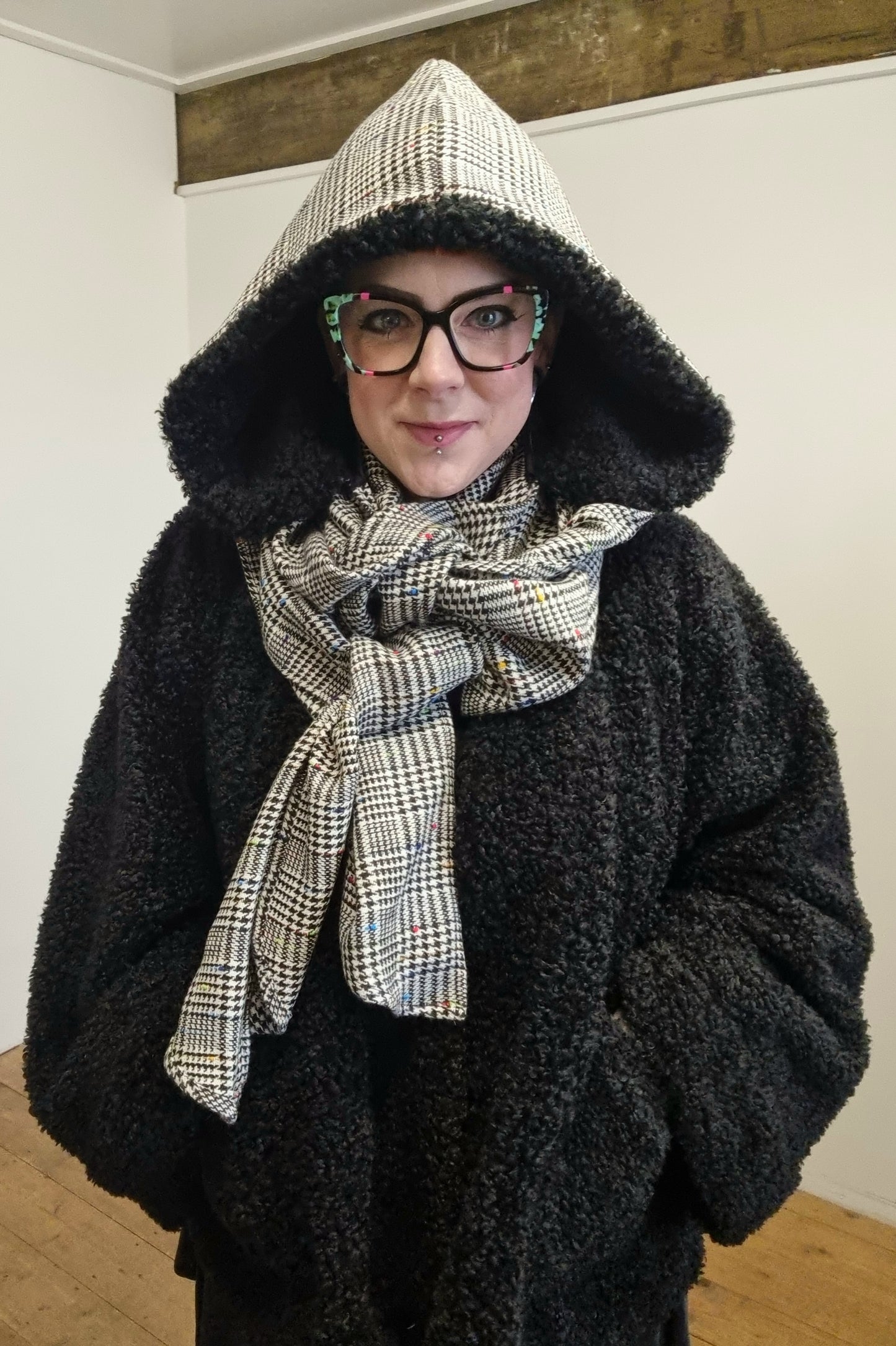 Popsy Hooded Scarf - Paint Speckled Check - LAST ONE AVAILABLE